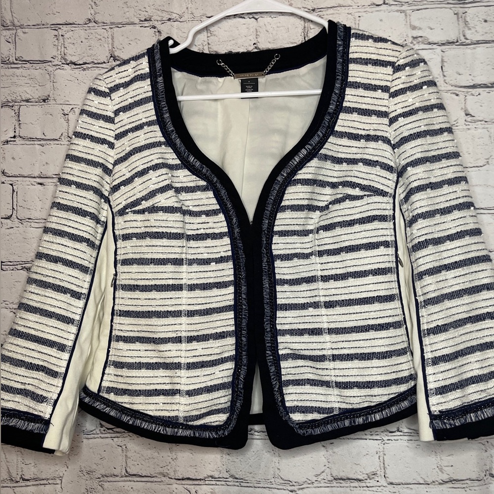 White House Black Market Womens Tweed Blazer Jacket Fringe Chain Ivory Blue 6